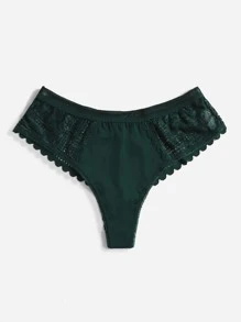 Women's Dark Green Lace Thong Panties Plain Medium Stretch Underwear Contrast Lace Detail - Dark Green - View 5