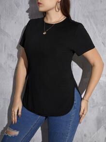 SHEIN Essnce Plus Solid Curved Hem Tee - Black - View 3