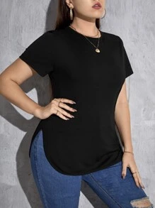SHEIN Essnce Plus Solid Curved Hem Tee - Black - View 5