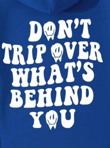 男士卡通和標語圖案袋鼠口袋加絨內裏抽繩連帽衫 - 寶藍色 - 查看 3