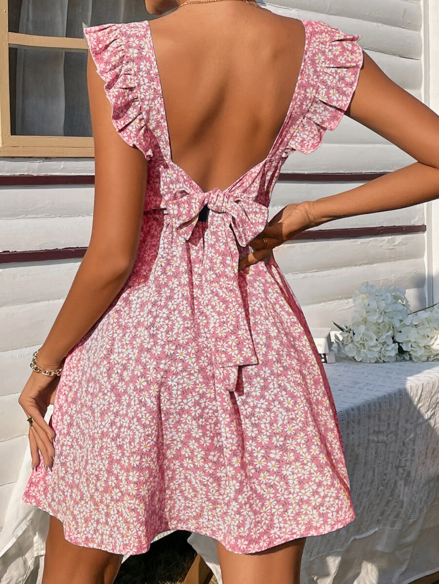 SHEIN Frenchy Ditsy Floral Backless Knot Ruffle Trim Dress - Multicolor - View 1