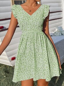 SHEIN Frenchy Ditsy Floral Backless Knot Ruffle Trim Dress - Mint Green - View 2