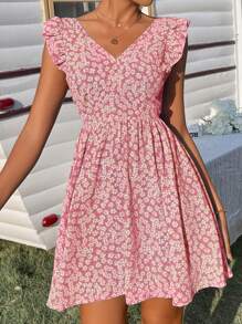 SHEIN Frenchy Ditsy Floral Backless Knot Ruffle Trim Dress - Multicolor - View 2