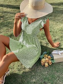 SHEIN Frenchy Ditsy Floral Backless Knot Ruffle Trim Dress - Mint Green - View 3