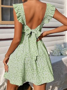 SHEIN Frenchy Ditsy Floral Backless Knot Ruffle Trim Dress - Mint Green - View 4