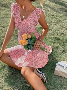 SHEIN Frenchy Ditsy Floral Backless Knot Ruffle Trim Dress - Multicolor - View 5