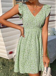 SHEIN Frenchy Ditsy Floral Backless Knot Ruffle Trim Dress - Mint Green - View 6