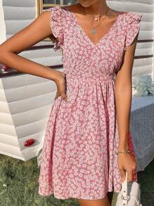 SHEIN Frenchy Ditsy Floral Backless Knot Ruffle Trim Dress - Multicolor - View 6