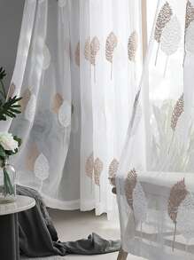 1pc Golden Leaf Pattern Voile Curtain, Farmhouse Style Polyester Embroidered Sheer Panel For Living Room Bedroom Windows & Doors, Party Decor - Multicolor - View 5