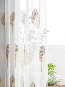 1pc Golden Leaf Pattern Voile Curtain, Farmhouse Style Polyester Embroidered Sheer Panel For Living Room Bedroom Windows & Doors, Party Decor - Multicolor - View 7