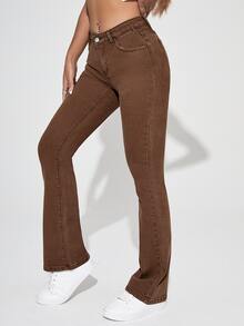 Jeans de pierna amplia con bolsillo oblicuo - Café integral - Ver 3