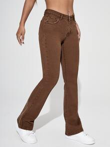 Jeans de pierna amplia con bolsillo oblicuo - Café integral - Ver 5