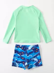 男童可愛鯊魚印花長袖短褲泳衣套裝