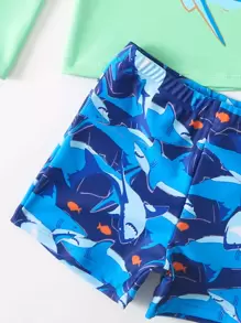 男童可愛鯊魚印花長袖短褲泳衣套裝
