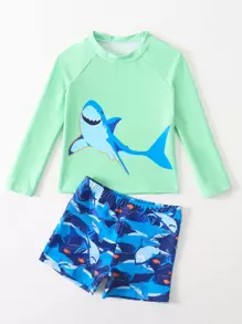 男童可愛鯊魚印花長袖短褲泳衣套裝