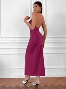 SHEIN SXY 繞頸交叉露背高衩連衣裙 - 紫色 - 查看 2