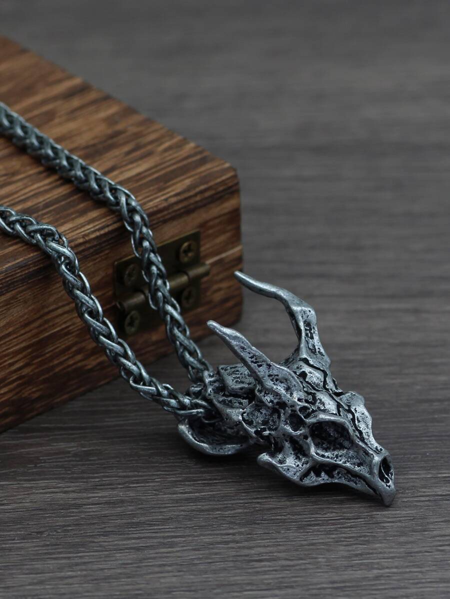 Fashionable and Popular Men Dragon Bone Pendant Necklace Alloy for Vacation and for a Stylish Look - Antique Silver - View 1