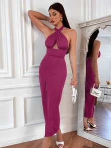 SHEIN SXY 繞頸交叉露背高衩連衣裙 - 紫色 - 查看 3