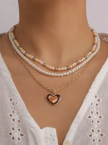 3pcs Heart Charm Necklace - Yellow Gold - View 1