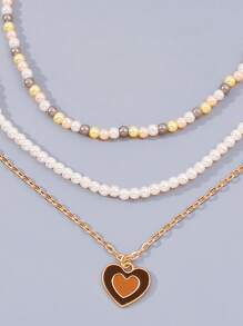 3pcs Heart Charm Necklace - Yellow Gold - View 3