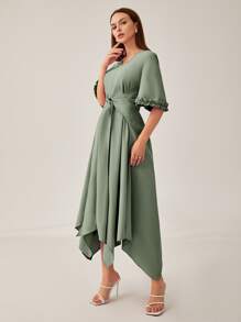Seusyu Frilled Cuff Tie Front Hanky Hem Dress - Green - View 3