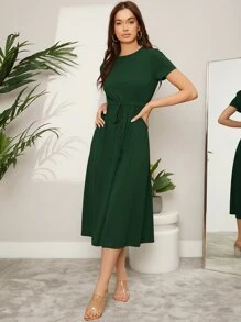 Mulvari 彈性腰帶前打結連衣裙 - 墨綠色 - 查看 2