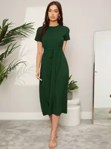 Mulvari 彈性腰帶前打結連衣裙 - 墨綠色 - 查看 6