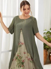 Lacomfia Plus Floral Print Short Sleeve Combo Dress - Multicolor - View 4