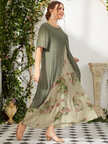 Lacomfia Plus Floral Print Short Sleeve Combo Dress - Multicolor - View 5