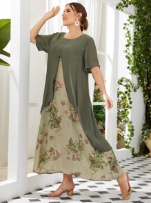 Lacomfia Plus Floral Print Short Sleeve Combo Dress - Multicolor - View 6