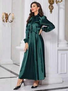 Modelyn Tie Neck Bishop Sleeve Arabian Dress - Dark Green - View 1