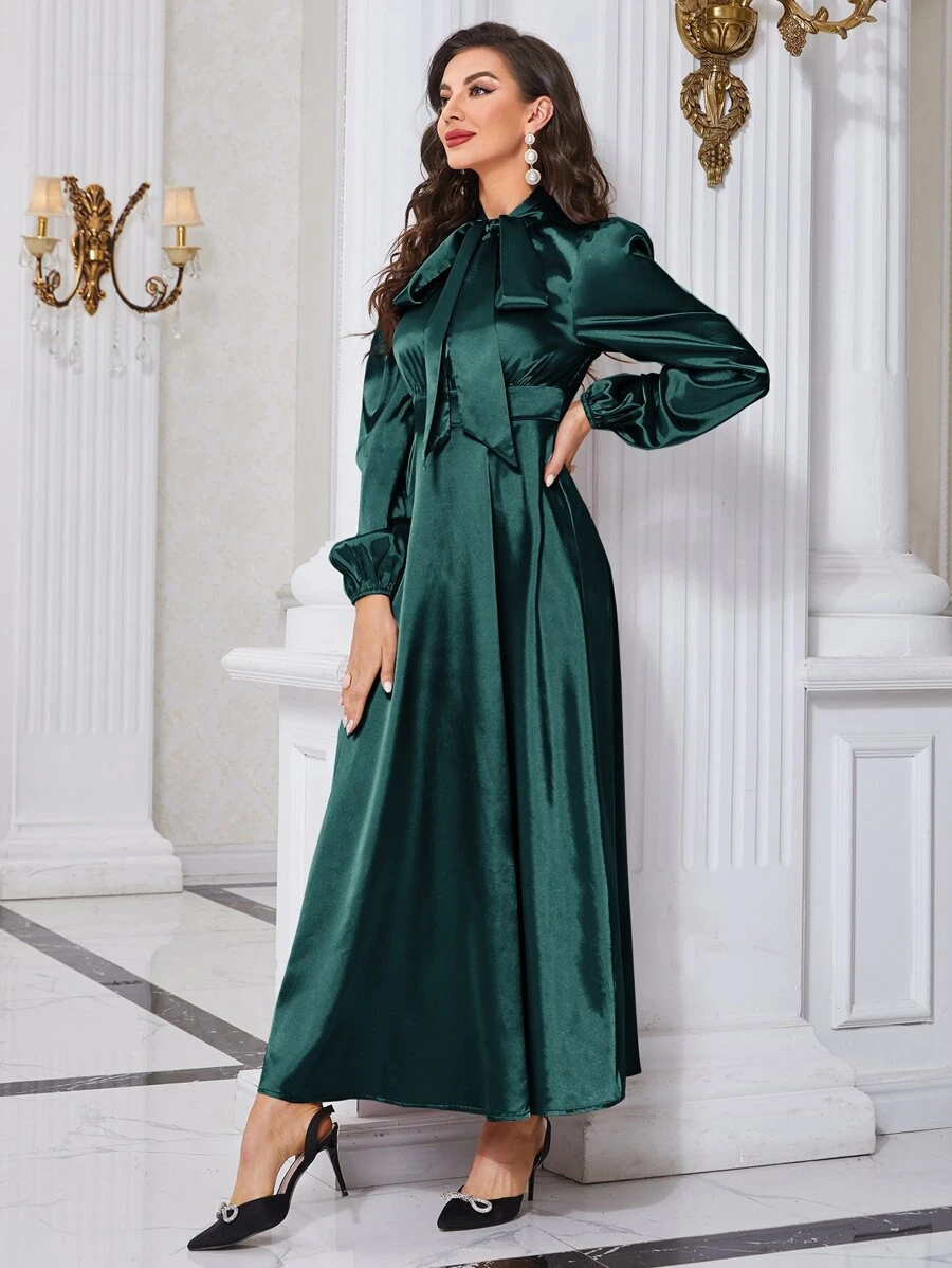 Modelyn Tie Neck Bishop Sleeve Arabian Dress - Dark Green - View 1