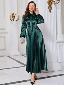 Modelyn Tie Neck Bishop Sleeve Arabian Dress - Dark Green - View 3