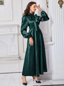 Modelyn Tie Neck Bishop Sleeve Arabian Dress - Dark Green - View 4
