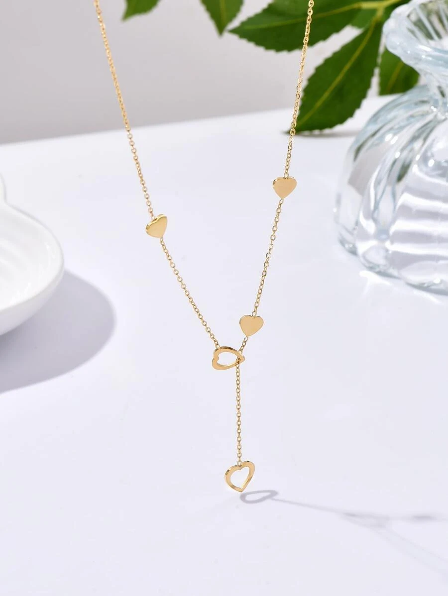 日韓風格的清新甜美光滑中空心形球邊女式不銹鋼項鍊，適合日常穿著 - 金黃色 - 查看 1