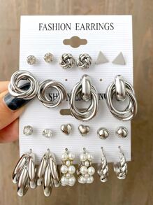 11pairs Rhinestone & Faux Pearl Decor Earrings - Silver - View 1