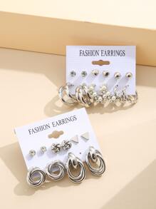 11pairs Rhinestone & Faux Pearl Decor Earrings - Silver - View 2