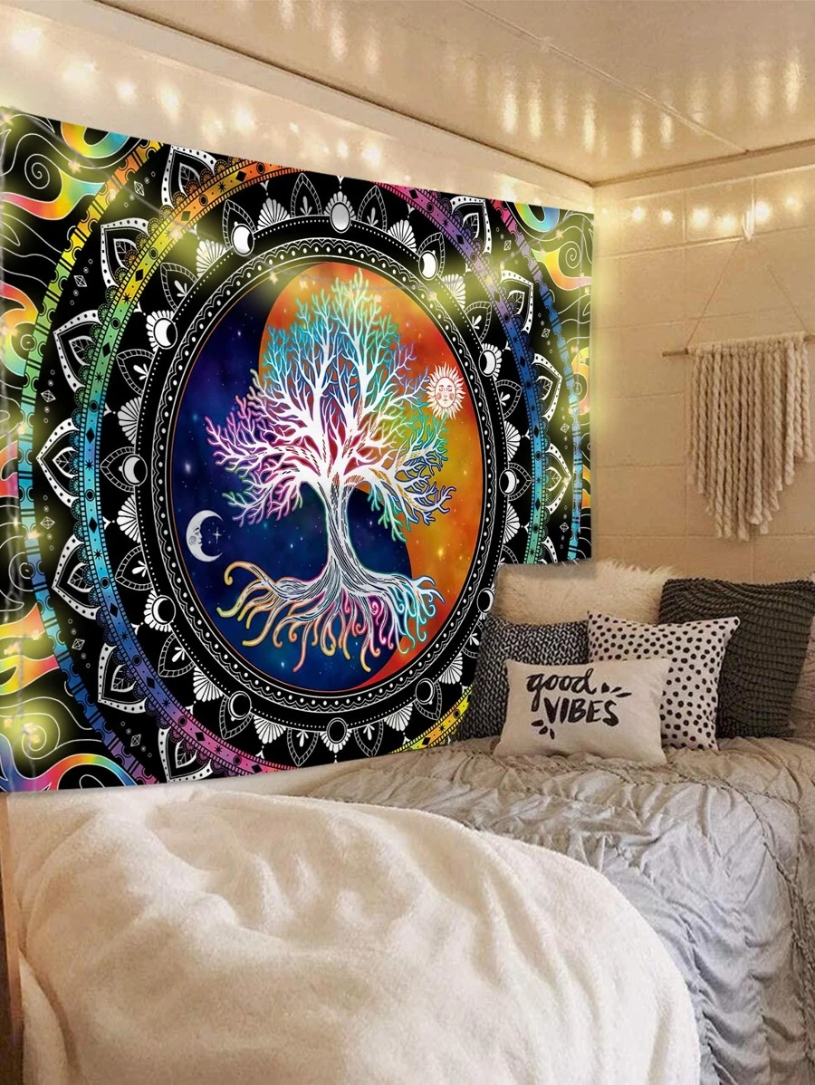 Tree & Mandala Print Tapestry - Multicolor - View 1