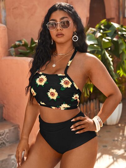 Plus Size Floral Print Criss Cross High Waisted Bikini Set Summer Beach