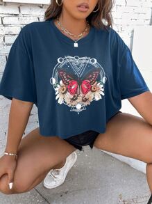 Flirla 大碼花卉和蝴蝶圖案T恤 - 藍色 - 查看 1