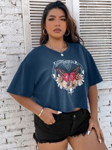 Flirla 大碼花卉和蝴蝶圖案T恤 - 藍色 - 查看 3