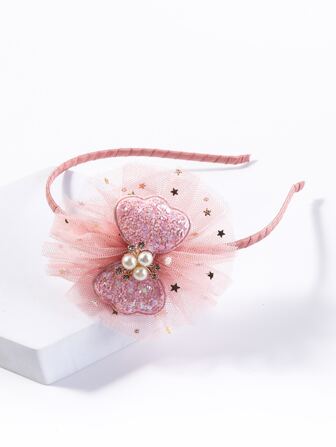 1pc Princess Style Sand Shimmer Mesh Bowknot Hair Band With Rhinestone For Children, Spring And Summer