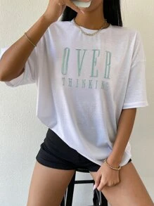 SHEIN Unity Top de hombros caídos con bordado de letra - Blanco - Ver 1