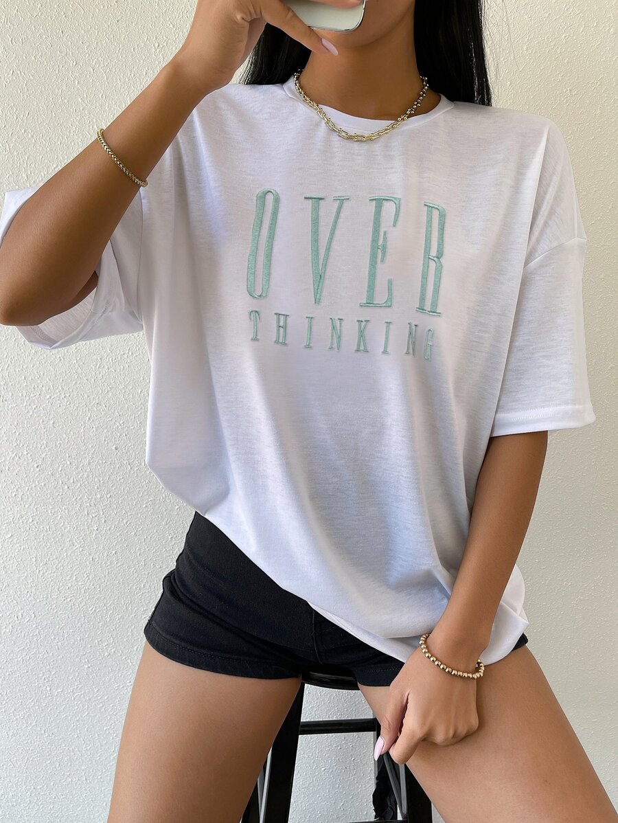 SHEIN Unity Top de hombros caídos con bordado de letra - Blanco - Ver 1