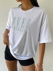 SHEIN Unity Top de hombros caídos con bordado de letra - Blanco - Ver 4