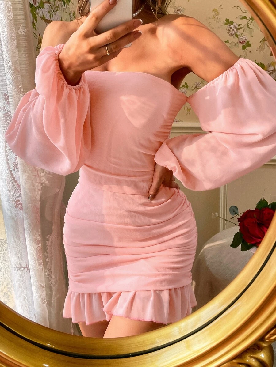 GENKIRA 褶邊一字領燈籠袖連衣裙 - 淺粉色 - 查看 1