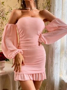 GENKIRA 褶邊一字領燈籠袖連衣裙 - 淺粉色 - 查看 4