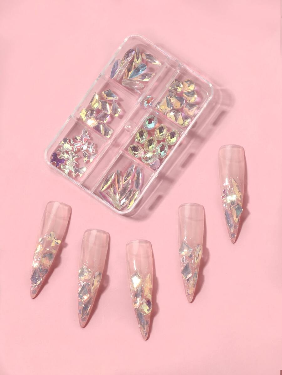 60 piezas/caja Rhinestones con forma asimétrica transparente y nude para decoración de uñas - transparente - Ver 1