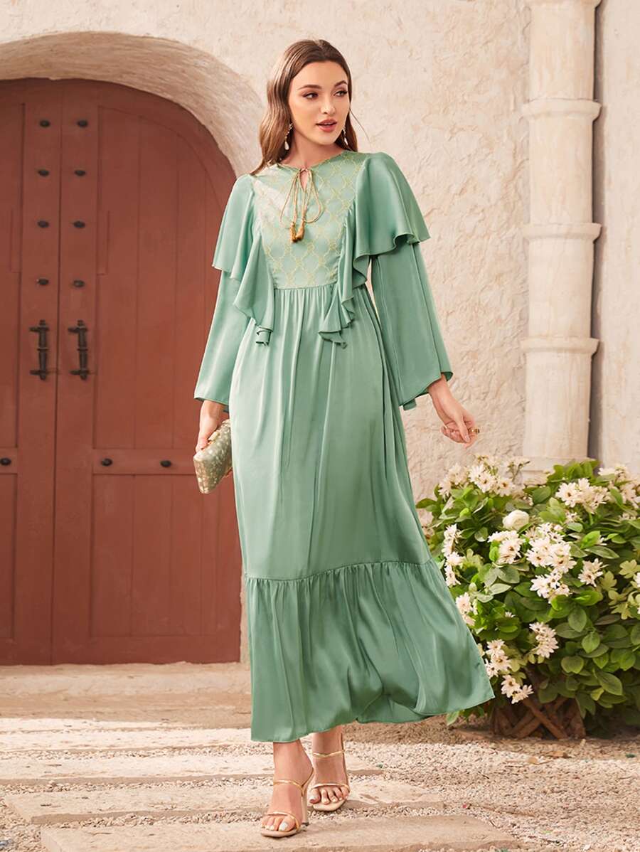 Al Najma Tie Front Ruffle Hem Fringe Detail Dress - Mint Green - View 1