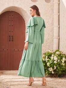 Al Najma Tie Front Ruffle Hem Fringe Detail Dress - Mint Green - View 2